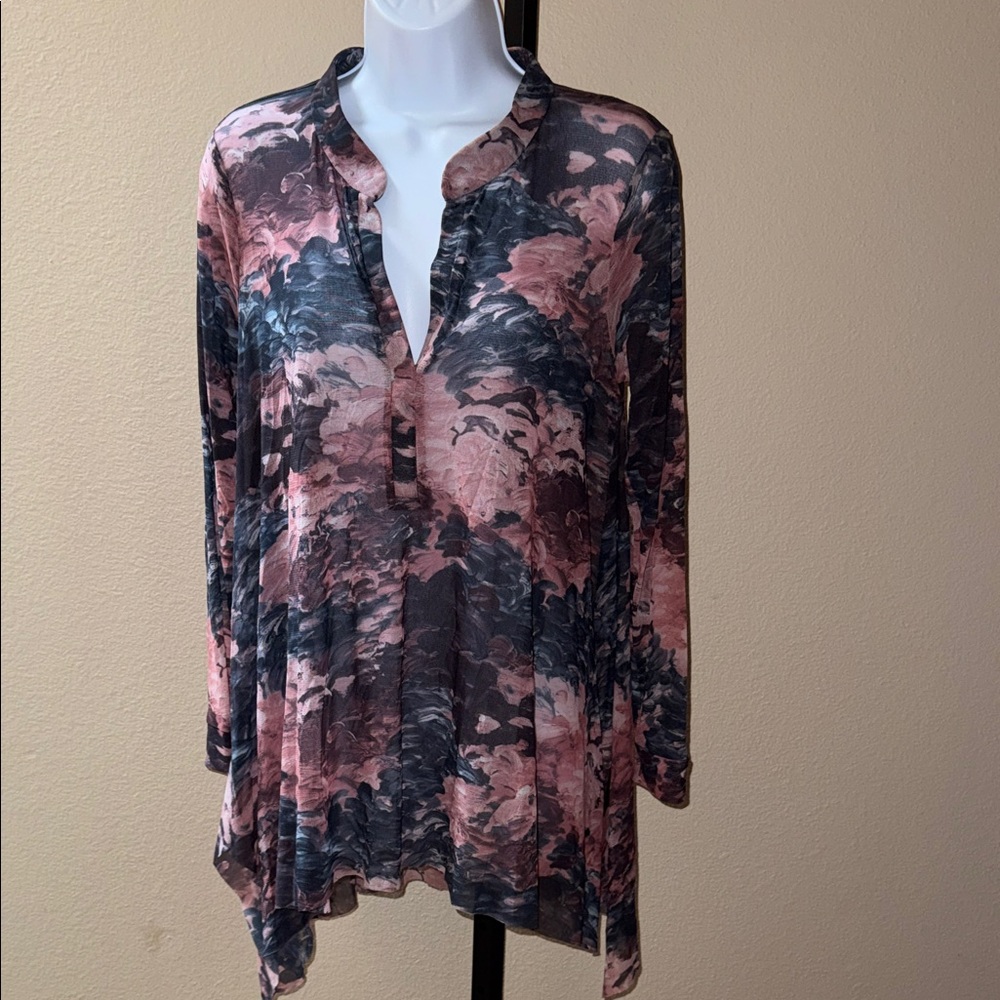 Weston Wear Pink Gray Multi Floral Marble Sheer Tunic Asymmetrical Blouse Size M